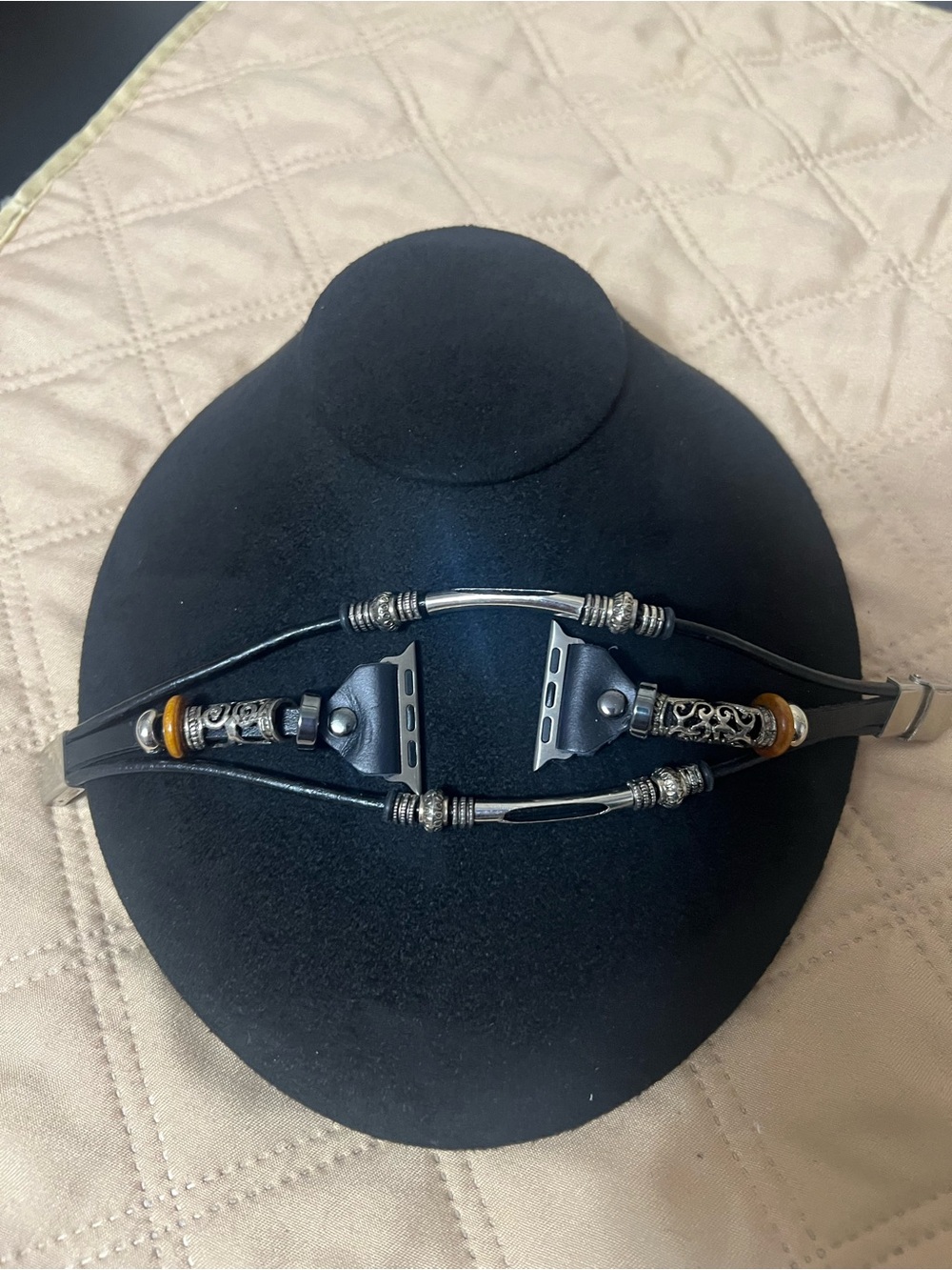 Women’s Black Leather Braided Apple Watch Bracelet with Silver Accents